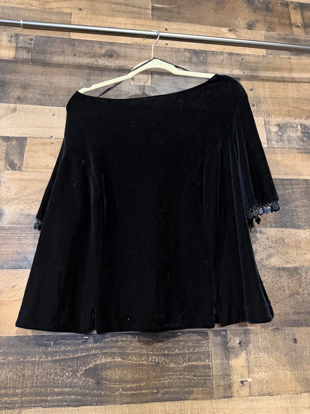 Vintage R&K Evening Black Velvet Top-Women3X Boatneck Sequin Fringe-Sh Sleeve